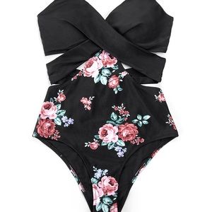 BLACK AND FLORAL WRAP CUTOUT ONE PIECE SWIMSUIT - XS/Black -BRAND NEW/NEVER WORN